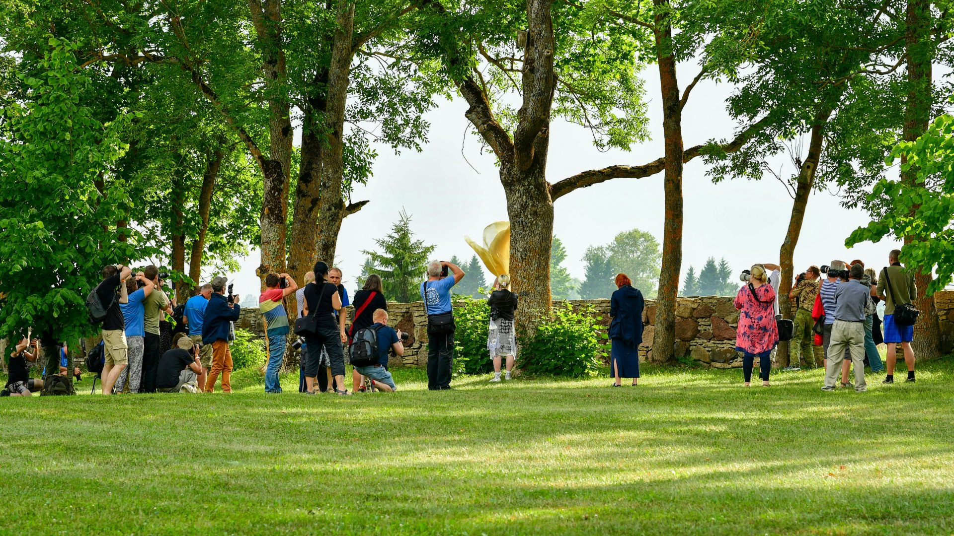 People watching a yellow object in a green park.